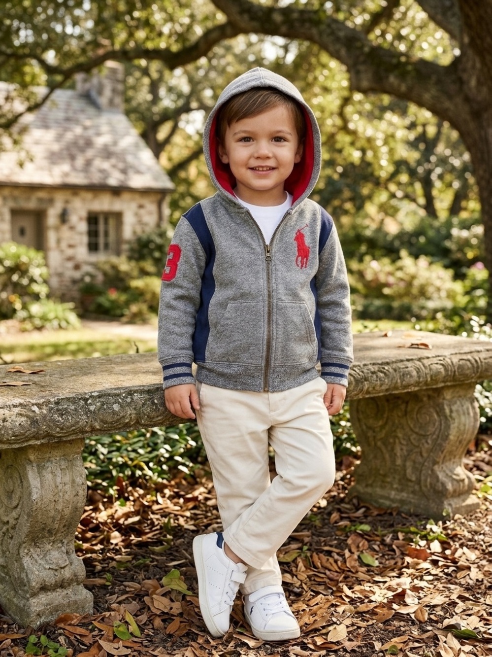 Polo Ralph Lauren Toddler Boys Big Pony number 3 Fleece Hoodie Gray Navy 2T - Picture 3 of 7